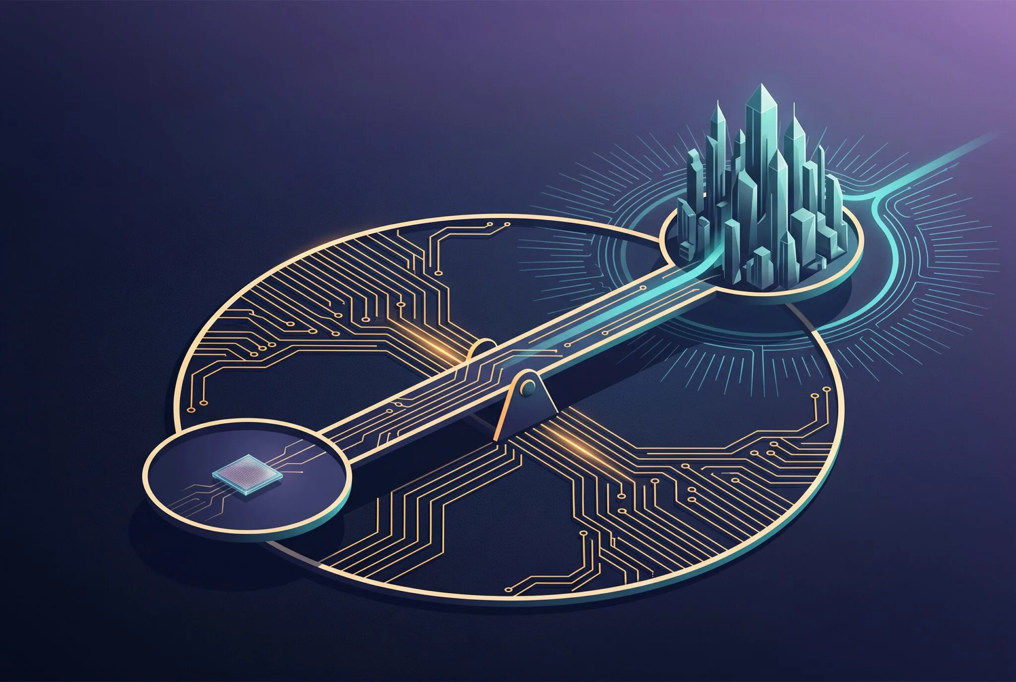 A pale-gold beam balance as vector circuit traces over dark silicon-steel, one tiny wafer versus a crystalline vault-city in