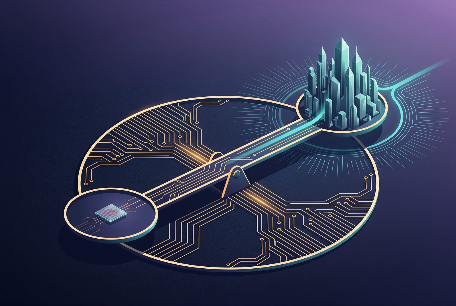 A pale-gold beam balance as vector circuit traces over dark silicon-steel, one tiny wafer versus a crystalline vault-city in